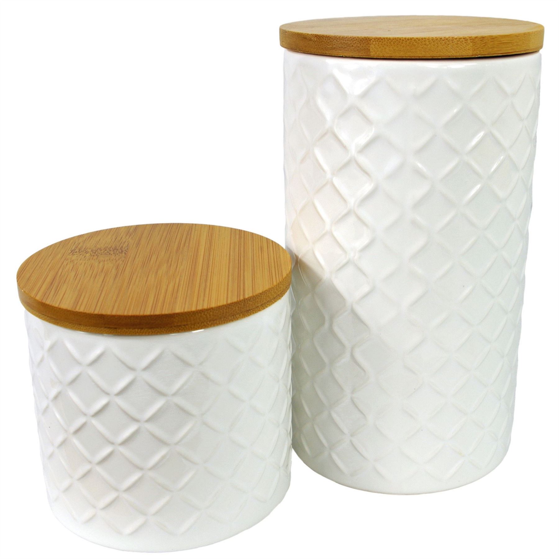 Set Of Two Ceramic Jars Embossed Cream Canisters With Lids